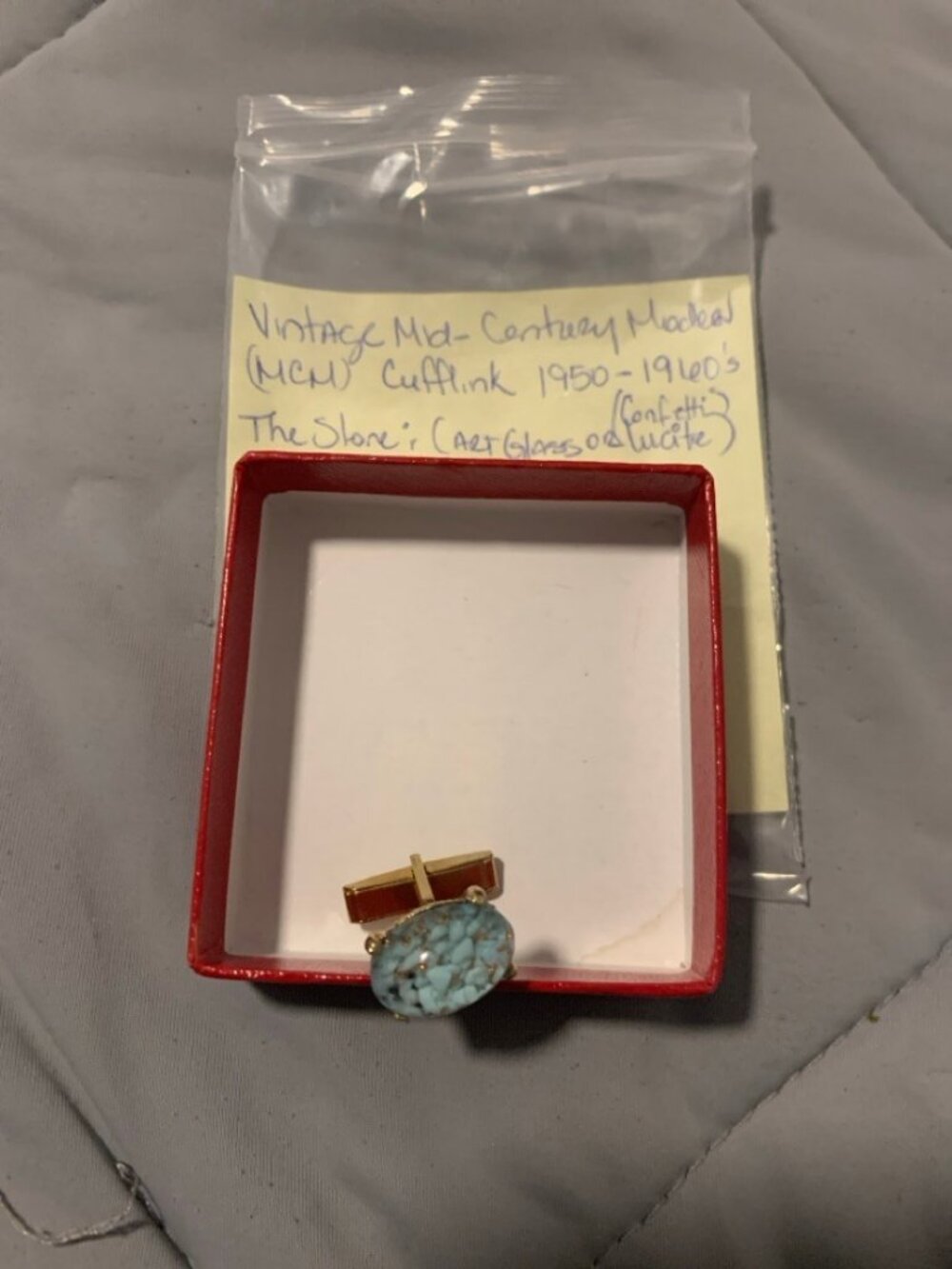 Vintage 1950s Confetti Lucite Cufflink Single - Aqua Art Glass Gold Tone MCM